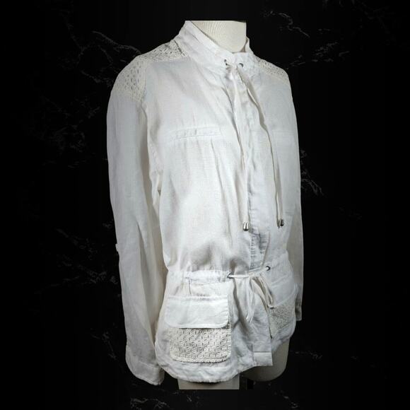 Saint Tropez West White Eyelet Linen Button Cinch Waist Utility Jacket Sz Medium - Picture 1 of 16